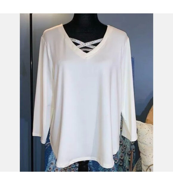 NWT Ruby Rd Sz PL P L Beautiful Ivory Knit Top w Rhinestone Strappy Details - Picture 1 of 8